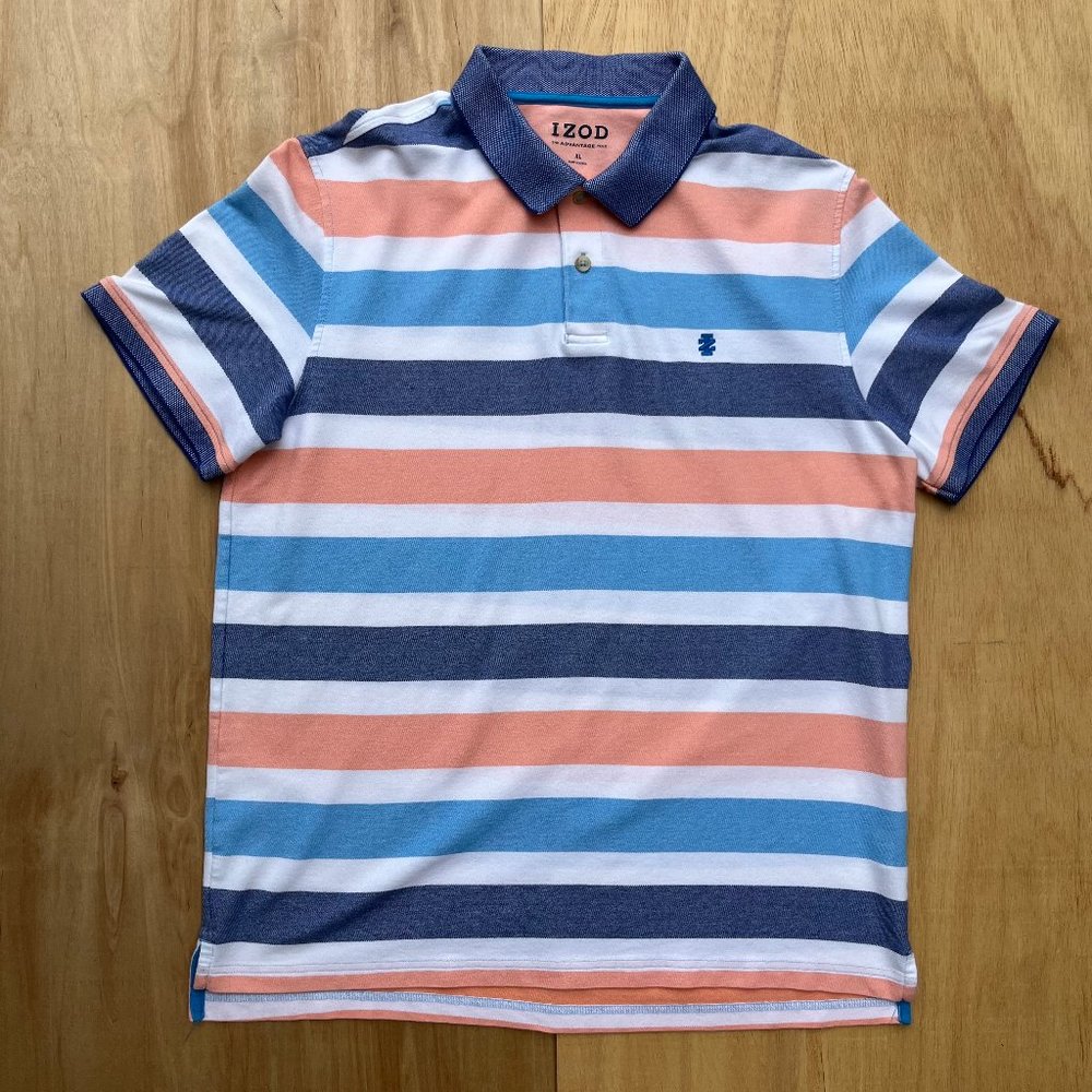 IZOD ADVANTAGE POLO Men's Blue Peach White Striped Short Sleeve Shirt sz XL